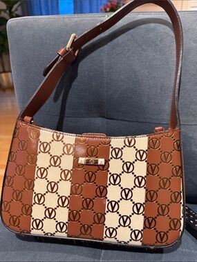 Valentino By Mario Valentino Brown and Cream Striped Shoulder Bag with Monogram